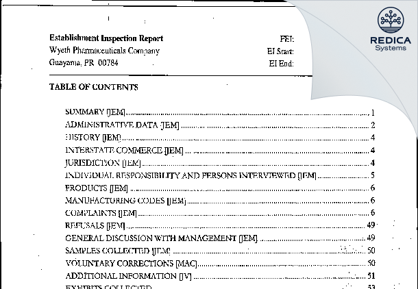 EIR - Wyeth Pharmaceuticals Company [Rico / United States of America] - Download PDF - Redica Systems