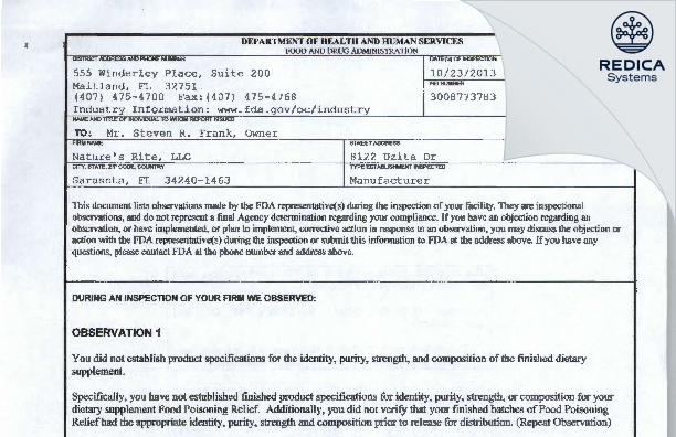 FDA 483 - Nature's Rite, LLC [Sarasota / United States of America] - Download PDF - Redica Systems