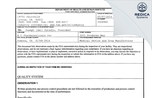 FDA 483 - KC Pharmaceuticals, Inc. [Pomona / United States of America] - Download PDF - Redica Systems