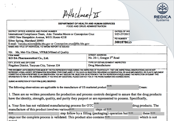 FDA 483 - Ko Da Pharmaceutical Co Ltd [City / Taiwan] - Download PDF - Redica Systems