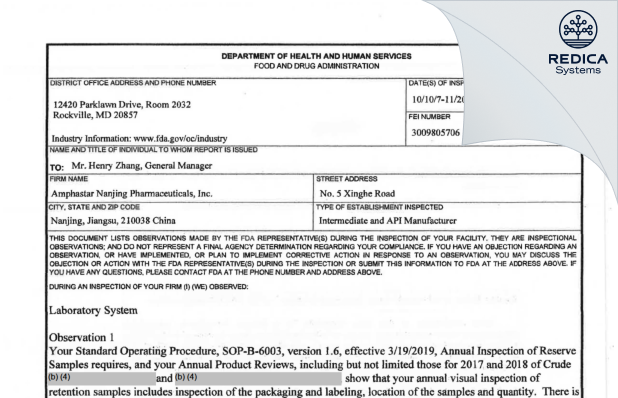 FDA 483 - Amphastar Nanjing Pharmaceuticals Inc. [Nanjing / China] - Download PDF - Redica Systems