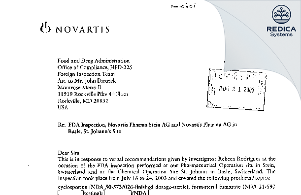 FDA 483 Response - Novartis Pharma Stein AG [Switzerland / Switzerland] - Download PDF - Redica Systems