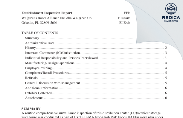 EIR - Walgreens Co. [Orlando / United States of America] - Download PDF - Redica Systems
