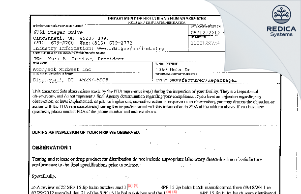 FDA 483 - Accupack Midwest [Cincinnati Ohio / United States of America] - Download PDF - Redica Systems