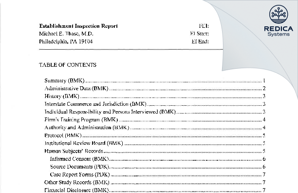 EIR - Michael E. Thase, M.D. [Philadelphia / United States of America] - Download PDF - Redica Systems