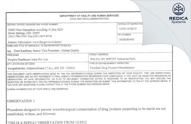 FDA 483 - Pfizer Healthcare India Private Limited [Sriperumbudur / India] - Download PDF - Redica Systems