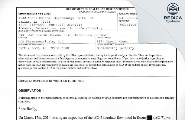 FDA 483 - SCA Pharmaceuticals, Inc. [Little Rock / United States of America] - Download PDF - Redica Systems