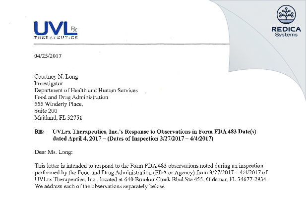 FDA 483 Response - UVLRX Therapeutics Inc [Oldsmar / United States of America] - Download PDF - Redica Systems