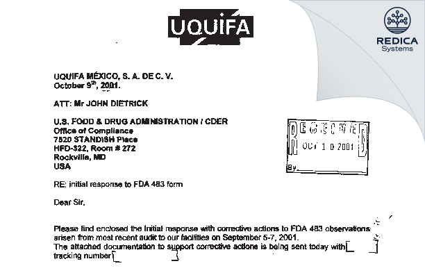 FDA 483 Response - UQUIFA Mexico, S.A. de C.V. [Mexico / Mexico] - Download PDF - Redica Systems