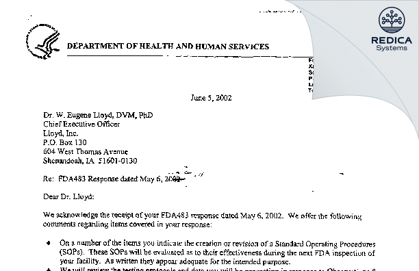 FDA 483 Response - LLOYD, Inc. of Iowa [Shenandoah / United States of America] - Download PDF - Redica Systems