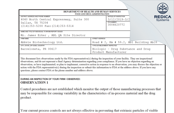 FDA 483 - AbbVie Biotechnology LTD [Rico / United States of America] - Download PDF - Redica Systems