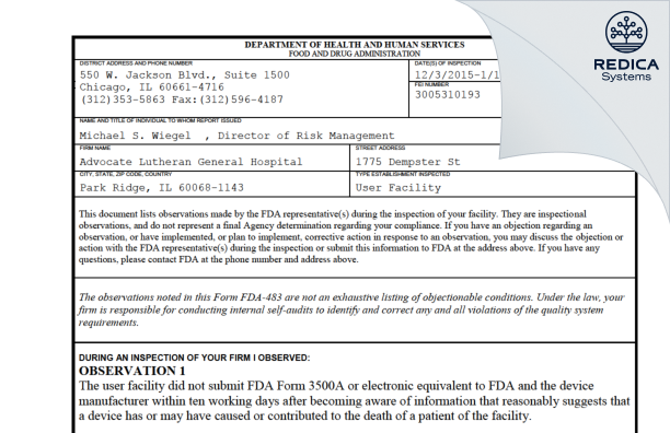 FDA 483 - Advocate Lutheran General Hospital [Park Ridge / United States of America] - Download PDF - Redica Systems