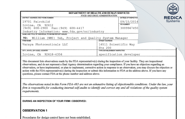 FDA 483 - Varaya Photoceuticals LLC [Irvine / United States of America] - Download PDF - Redica Systems