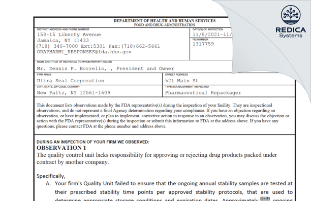 FDA 483 - Ultra Seal Corporation [York / United States of America] - Download PDF - Redica Systems