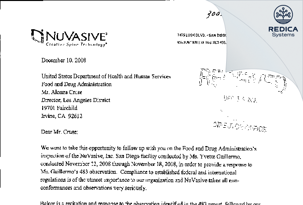 FDA 483 Response - NuVasive Inc [San Diego / United States of America] - Download PDF - Redica Systems