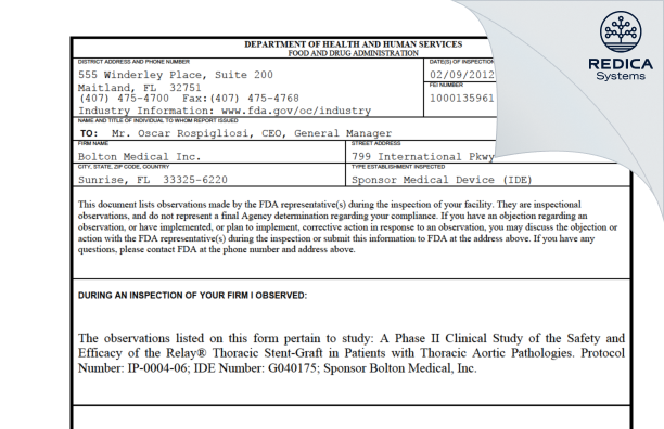 FDA 483 - Bolton Medical Inc. [Sunrise / United States of America] - Download PDF - Redica Systems
