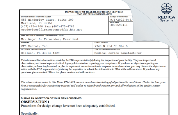 FDA 483 - CFS Dental, Inc [Hialeah / United States of America] - Download PDF - Redica Systems
