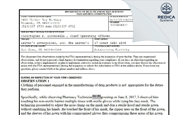 FDA 483 - Wedgewood Connect, LLC [San Jose / United States of America] - Download PDF - Redica Systems
