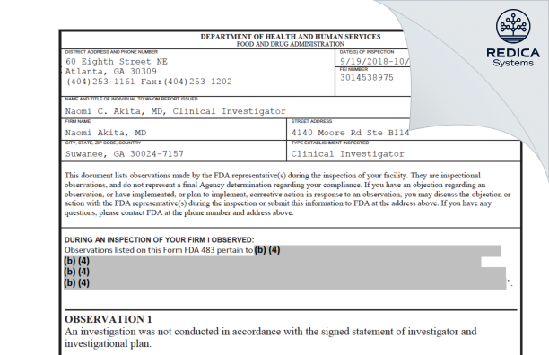 FDA 483 - Naomi Akita, MD [Suwanee / United States of America] - Download PDF - Redica Systems