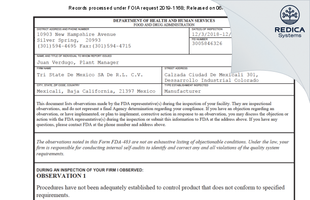 FDA 483 - Tri State De Mexico SA De R.L. C.V. [Mexicali / Mexico] - Download PDF - Redica Systems