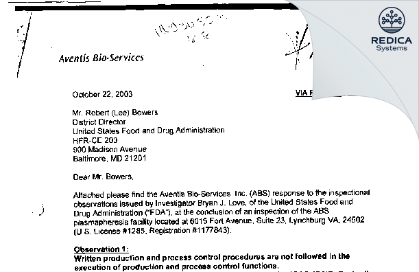 FDA 483 Response - Aventis Bio-Services Inc [Lynchburg / United States of America] - Download PDF - Redica Systems