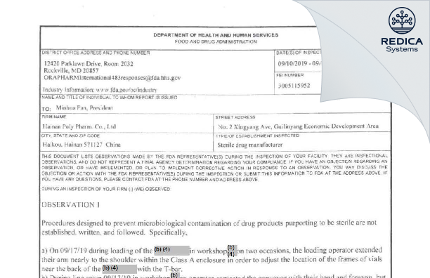 FDA 483 - Hainan Poly Pharm. Co., Ltd. [China / China] - Download PDF - Redica Systems