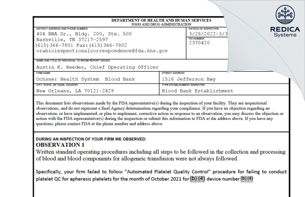 FDA 483 - Ochsner Health System Blood Bank [New Orleans / United States of America] - Download PDF - Redica Systems