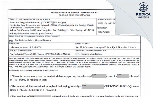 FDA 483 - Laboratorios Kener, SA de CV [Toluca / -] - Download PDF - Redica Systems