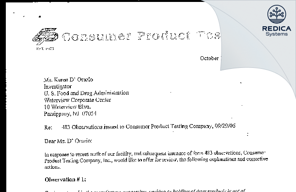 FDA 483 Response - Consumer Product Testing Company, Inc [Fairfield / United States of America] - Download PDF - Redica Systems