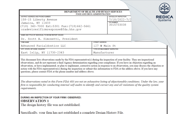 FDA 483 - Advanced Facialdontics LLC [East Islip / United States of America] - Download PDF - Redica Systems
