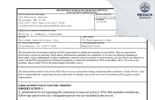 FDA 483 - Verichem Laboratories, Inc. [Providence / United States of America] - Download PDF - Redica Systems