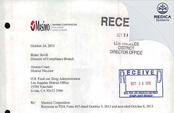 FDA 483 Response - Masimo Corporation [Irvine / United States of America] - Download PDF - Redica Systems