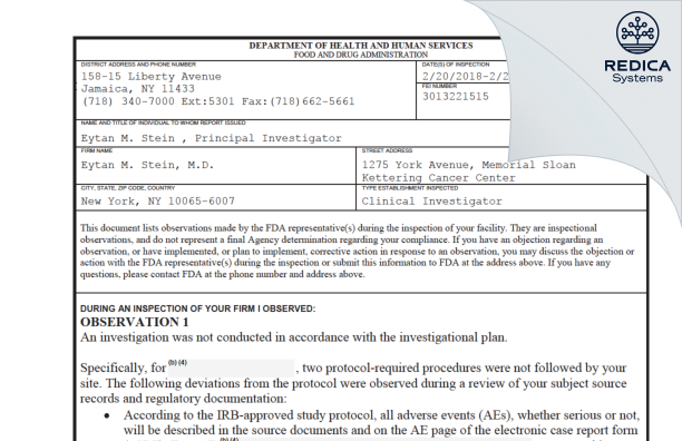 FDA 483 - Eytan M. Stein, M.D. [New York / United States of America] - Download PDF - Redica Systems
