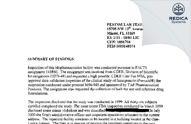 EIR - Peninsular Testing Corp. [Miami / United States of America] - Download PDF - Redica Systems