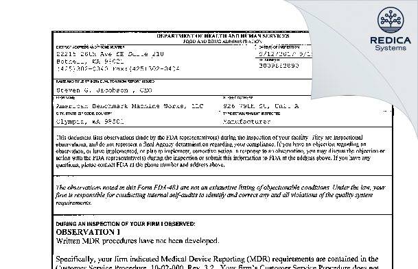 FDA 483 - American Benchmark Machine Works, LLC [Olympia / United States of America] - Download PDF - Redica Systems