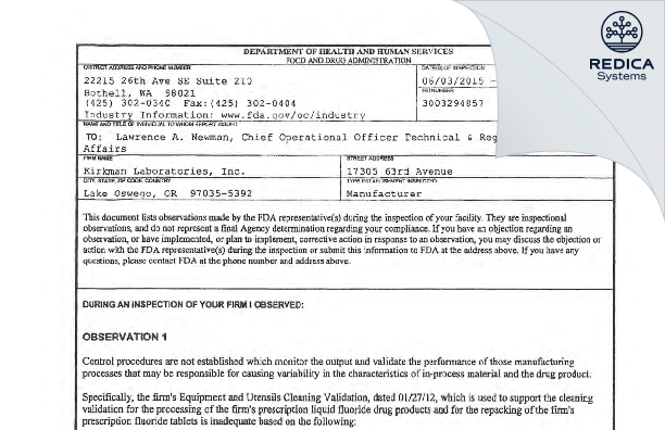 FDA 483 - Kirkman Laboratories, Inc. [Lake Oswego / United States of America] - Download PDF - Redica Systems