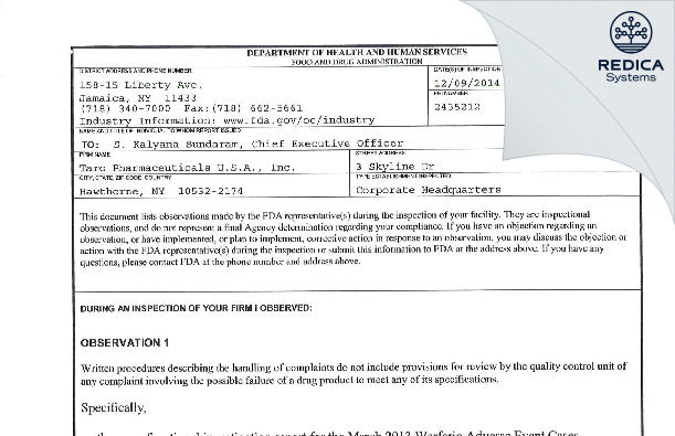 FDA 483 - Taro Pharmaceuticals U.S.A., Inc. [Hawthorne / United States of America] - Download PDF - Redica Systems
