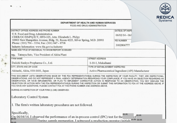 FDA 483 - Alfresa Fine Chemical Corporation [Akita Akita / Japan] - Download PDF - Redica Systems