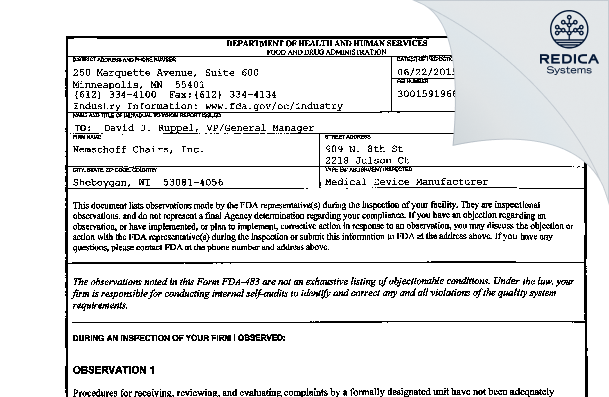 FDA 483 - Nemschoff Chairs, Inc. [Sheboygan / United States of America] - Download PDF - Redica Systems
