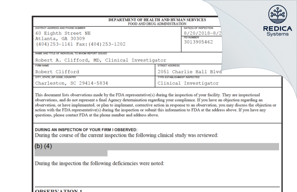 FDA 483 - Robert Clifford, M.D. [Charleston / United States of America] - Download PDF - Redica Systems