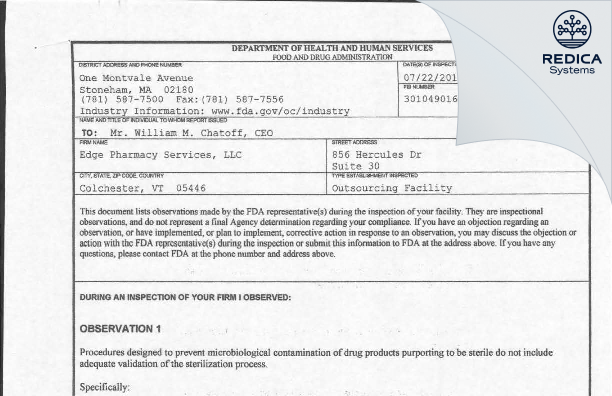 FDA 483 - Edge Pharma, LLC [Colchester / United States of America] - Download PDF - Redica Systems