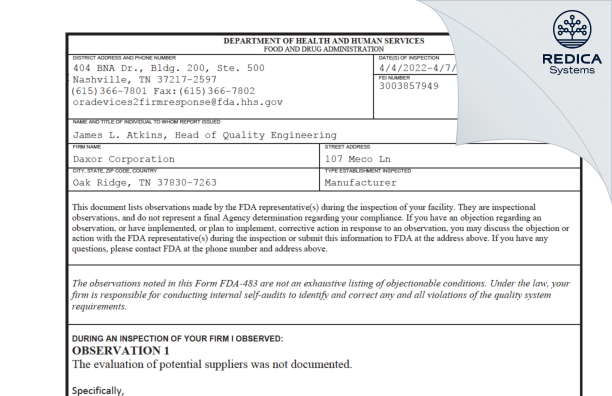 FDA 483 - Daxor Corporation [Oak Ridge / United States of America] - Download PDF - Redica Systems