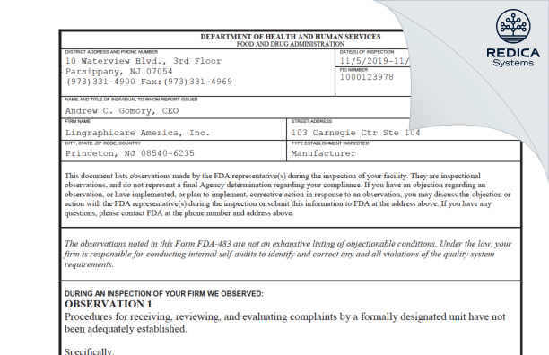 FDA 483 - Lingraphicare America, Inc. [Princeton / United States of America] - Download PDF - Redica Systems