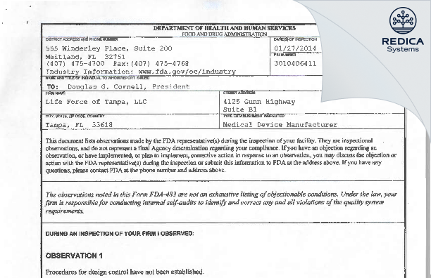 FDA 483 - Life Force of Tampa, LLC [Tampa / United States of America] - Download PDF - Redica Systems