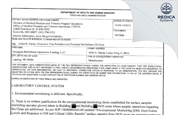 FDA 483 - Emergent Biodefense Operations Lansing LLC [Lansing / United States of America] - Download PDF - Redica Systems