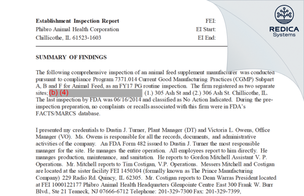 EIR - Phibro Animal Health Corporation [Chillicothe / United States of America] - Download PDF - Redica Systems