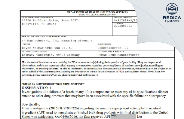 FDA 483 - Bayer Weimar GmbH und Co. KG [Weimar / Germany] - Download PDF - Redica Systems