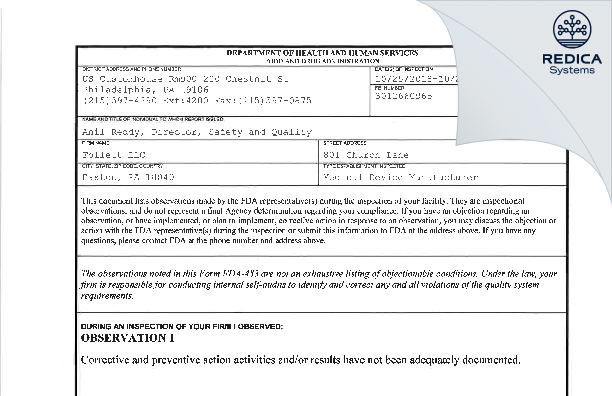 FDA 483 - Follett LLC [Bethlehem / United States of America] - Download PDF - Redica Systems