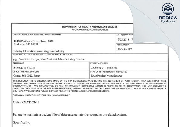 FDA 483 - Shionogi Pharma Co., Ltd. [Osaka / Japan] - Download PDF - Redica Systems