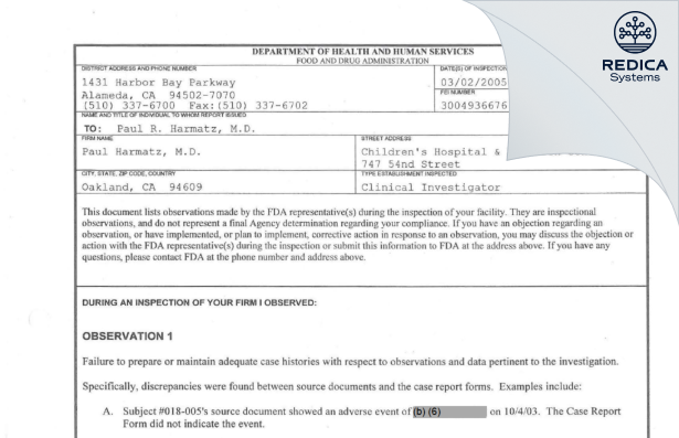 FDA 483 - Paul Harmatz, M.D. [Oakland / United States of America] - Download PDF - Redica Systems